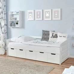 Ticaa Sofabett MINI Micki Buche 4er Schubkästen Weiß Massivholz - 80x160 Cm - Inkl. Matratze