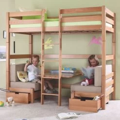 Relita FINLEY Etagenbett Buche Massiv Natur Inkl. Sitzkissen & Bettschubkästen - Frachtfrei