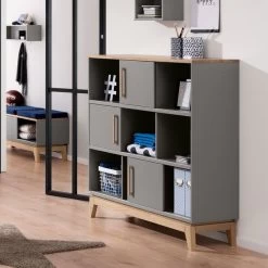 Paidi Sten Standregal 9 Fächer, 3 Schiebetüren Steingrau/Eiche Massiv