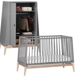 Leander Luna Kinderzimmer Sparset Grau/eiche Babybett Und Kleiderschrank Konfigurierbar